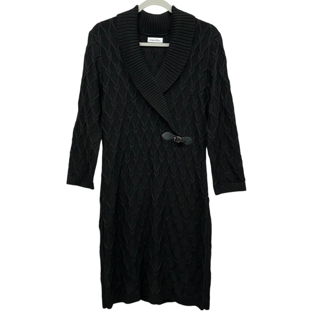 Calvin‎ Klein Sweater Dress Womens Medium Black Shawl Collar Diamond Knit Buckle